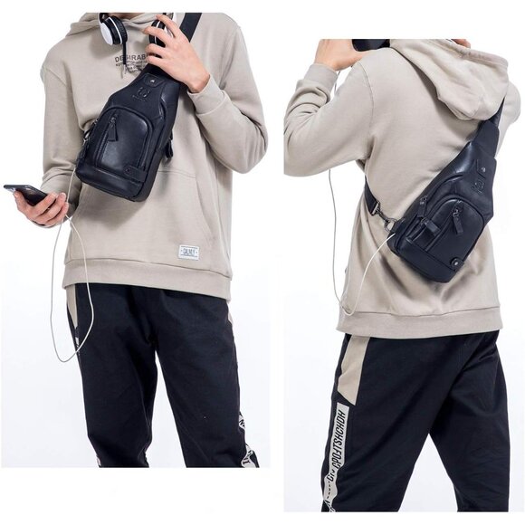 Bullcaptain Men Black Genuine Leather Sling Bag Multipurpose Crossbody Chest Bag - Picture 7 of 7
